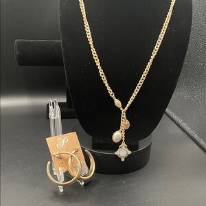 Plunder Design Jewelry Fawn Gold Pearl Pendant Necklace and Earring Set NWOT